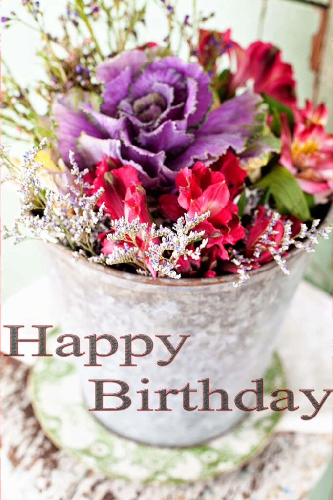 Vibrant Purple & Red Bouquet in Rustic Bucket for Happy Birthday Wallpaper