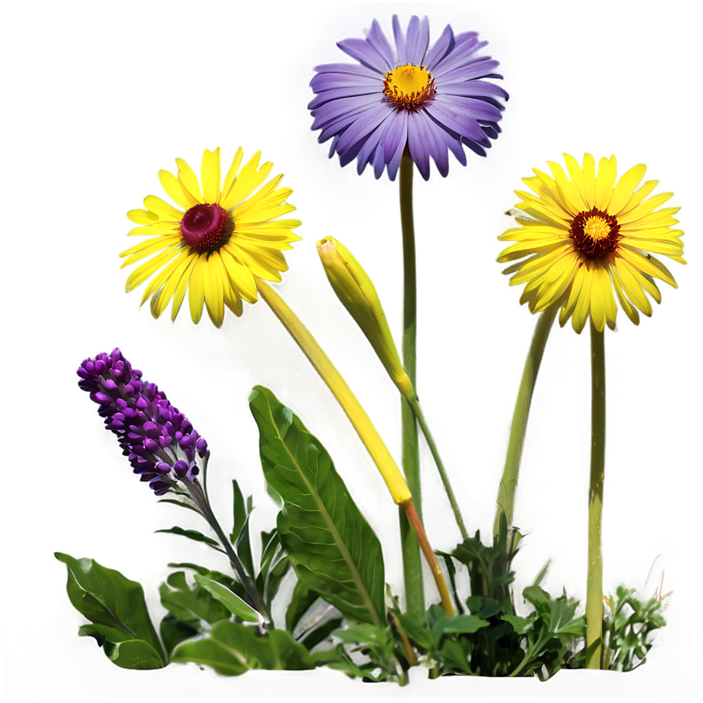 Vibrant Floral Wallpaper: Yellow & Purple Flowers on Clear Background