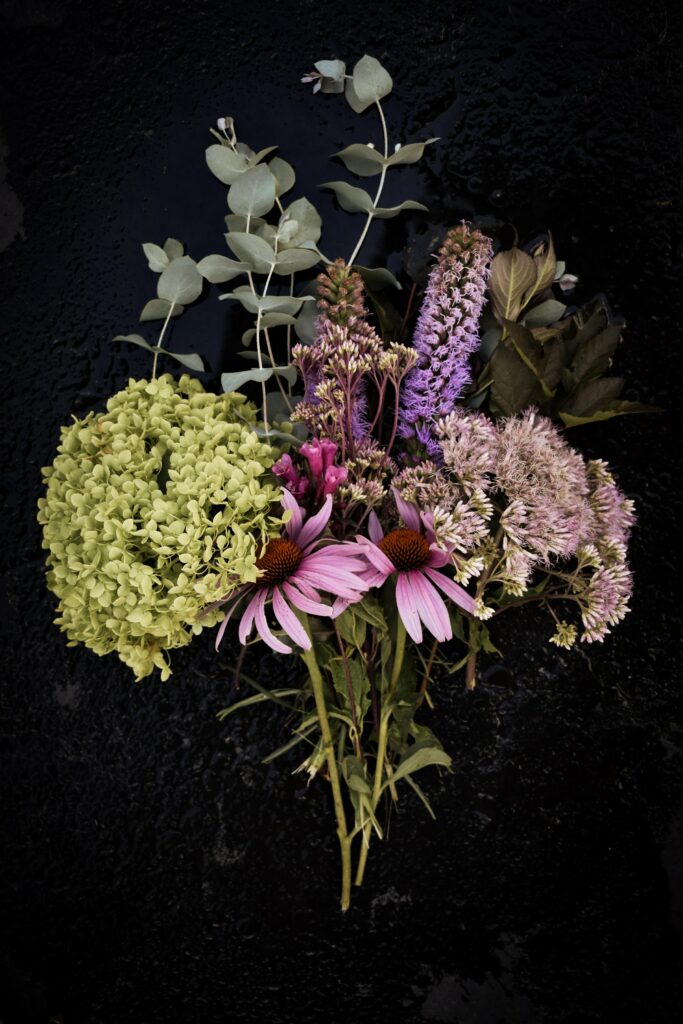 Vibrant Floral Bouquet Wallpaper: Hydrangeas & Asters on Dark Background