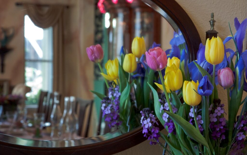 Vibrant Floral Wallpaper: Irises, Tulips & Matthiola Reflection