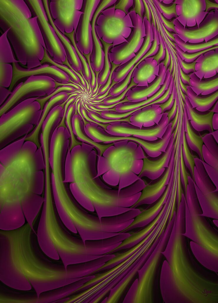 Vibrant Fractal Wallpaper: Hypnotic Fluorescent Green & Magenta Design