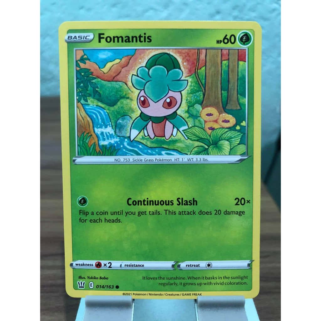 Fomantis Pokémon card detailed artwork sunlit forest waterfall Battle Styles collectible card Wallpaper