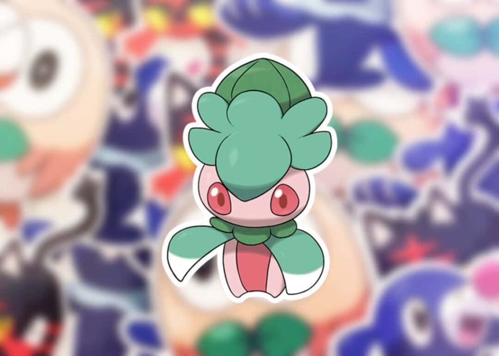 Vibrant digital wallpaper of Grass-type Pokémon Fomantis with colorful blurred Pokémon background