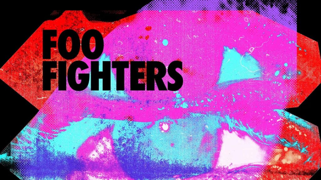 Foo Fighters logo on vibrant neon pink blue red grunge halftone abstract rock wallpaper background
