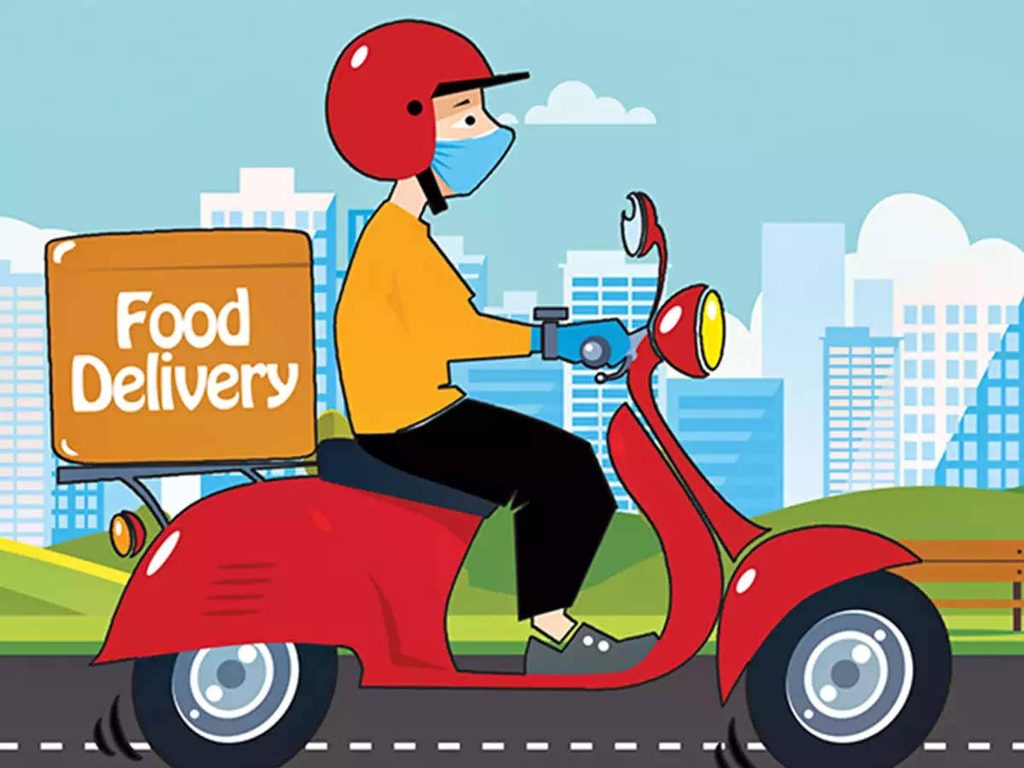 Vibrant food delivery cartoon with masked rider on red scooter city skyline background wallpaper
