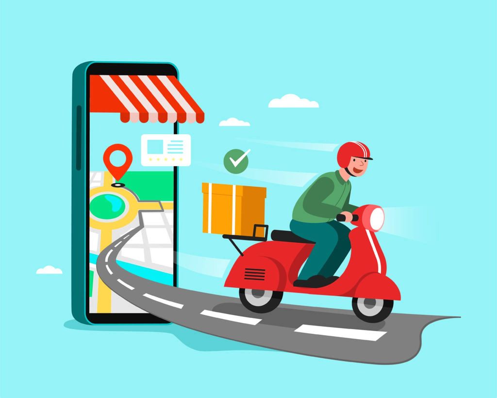 Courier on red scooter speeding from smartphone map with yellow delivery box and checkmark icon Wallpaper