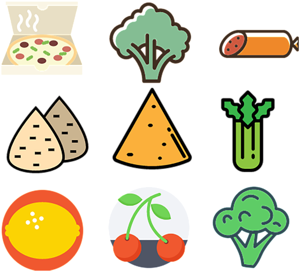 Vibrant Food Icons Wallpaper: Pizza, Veggies & More Background