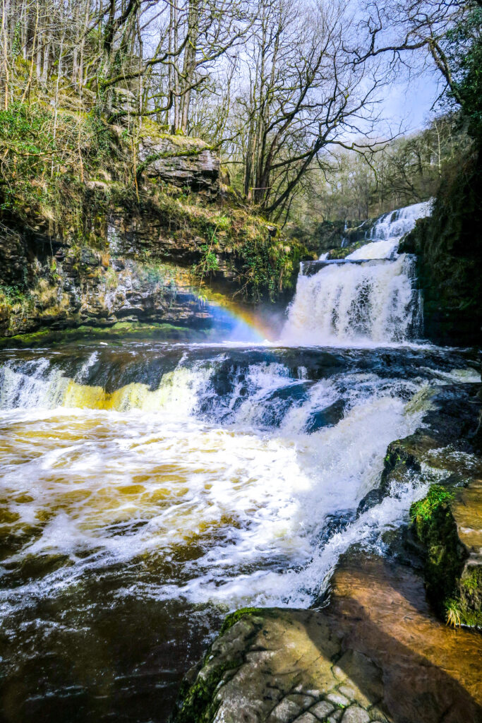 Waterfall cascading over rocks with rainbow sunlight surrounded by lush green forest trees wallpaper