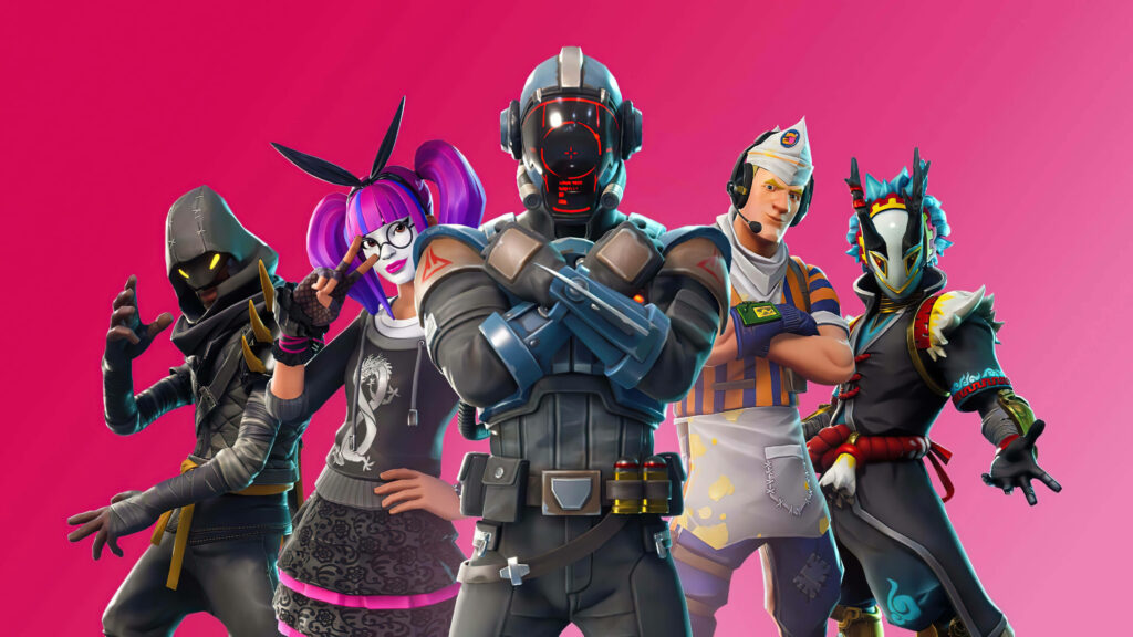 Vibrant Fortnite Wallpaper: Colorful Characters Against Pink Background