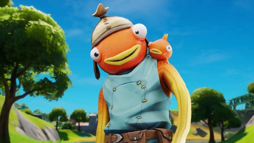 Fortnite Fishstick skin with shoulder companion in bright vibrant 3D gaming wallpaper background