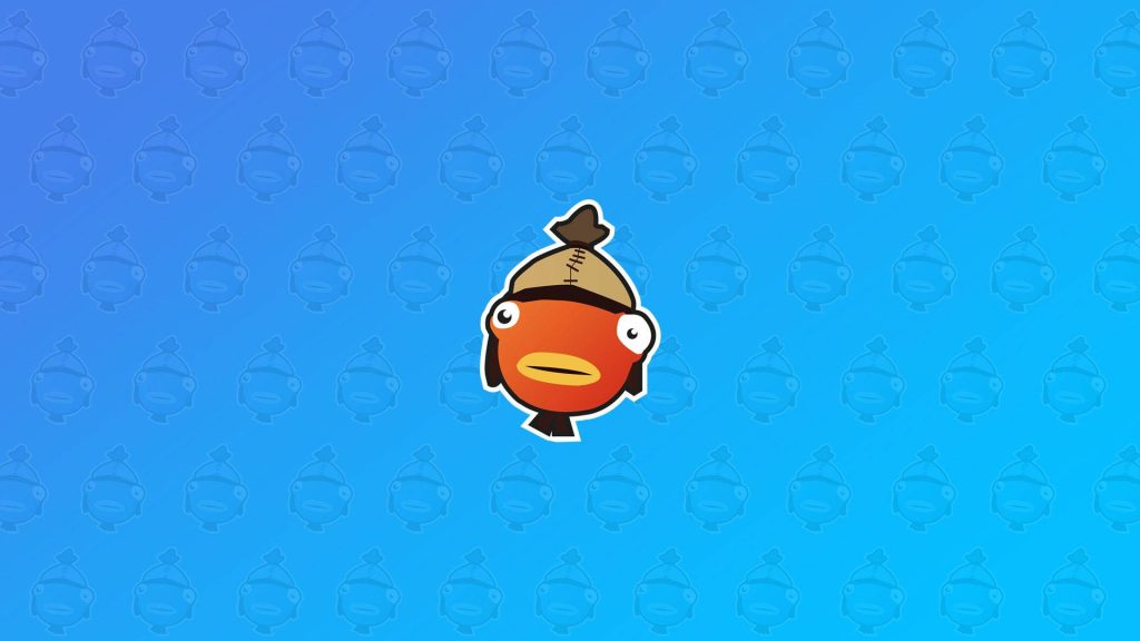 Fortnite Fishstick character wallpaper with bold orange design on blue patterned background