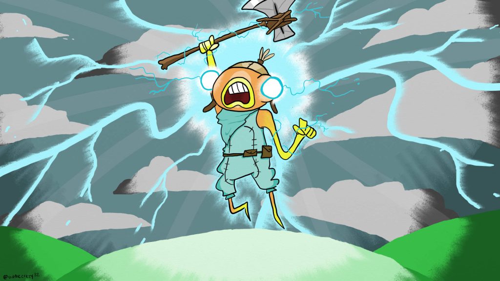 Fortnite Fishstick character with pickaxe struck by blue lightning on stormy hill background Wallpaper