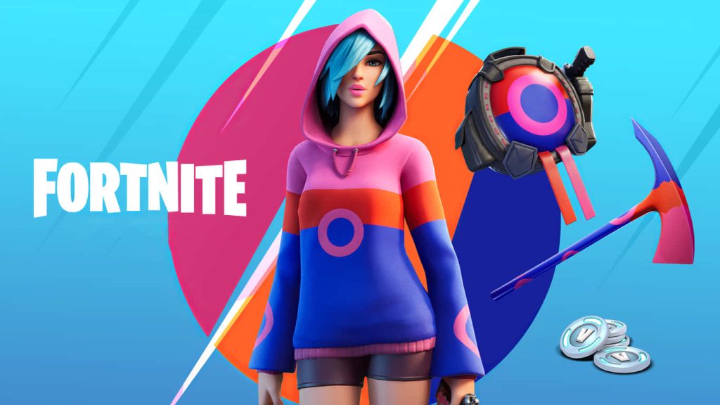 Fortnite Iris skin wallpaper vibrant girl with hoodie back bling pickaxe V-Bucks background