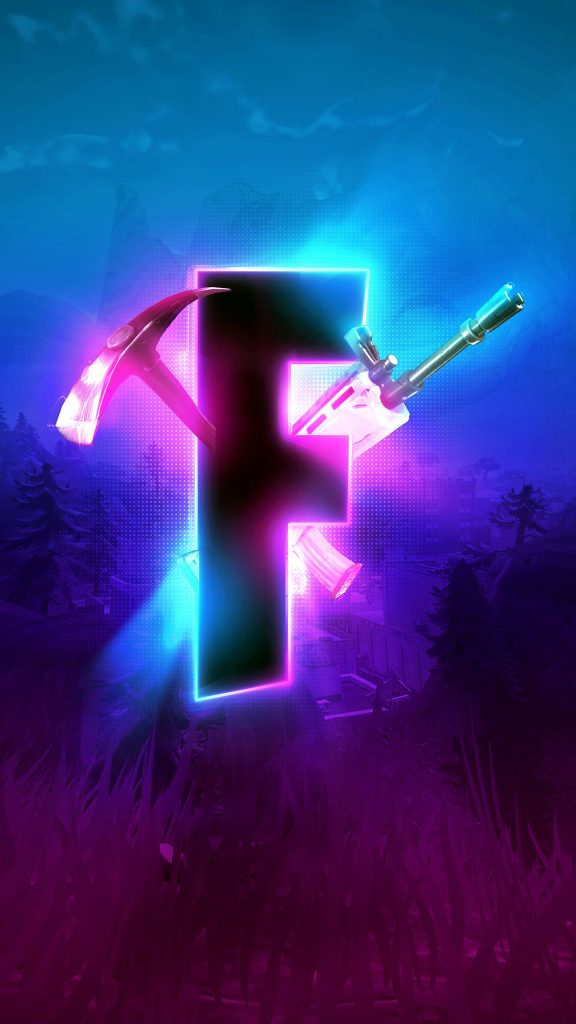 Fortnite logo wallpaper with neon blue magenta gradients pickaxe and rifle digital art background