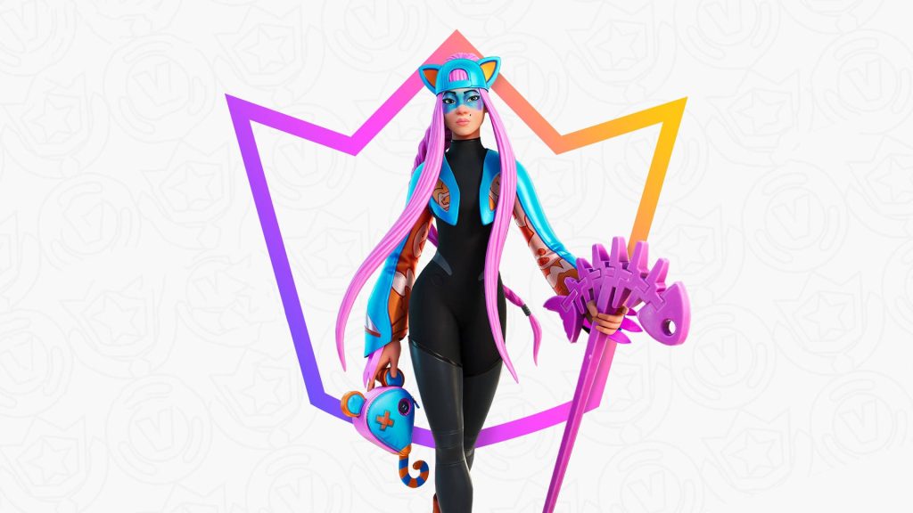 Fortnite Meow Skulls character with pink hair and fish-bone pickaxe on neon shield background Wallpaper