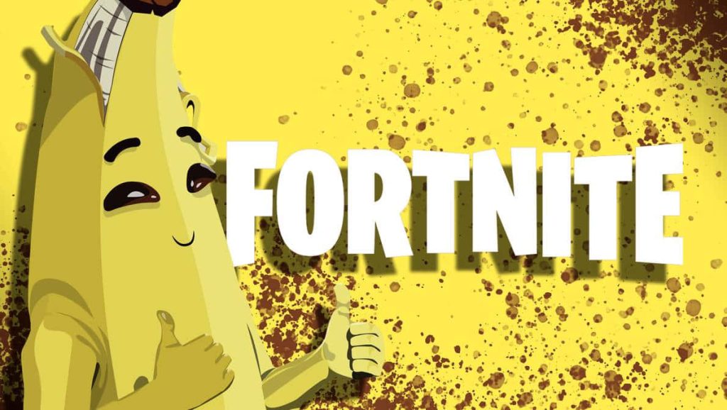 Fortnite Peely thumbs-up wallpaper bright yellow background brown paint splatters vibrant logo