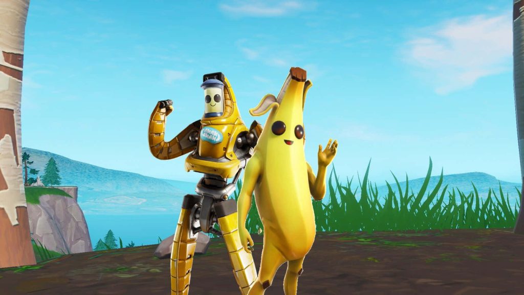 Fortnite wallpaper with Peely and robotic skin on grassy field under bright blue sky 3D CGI