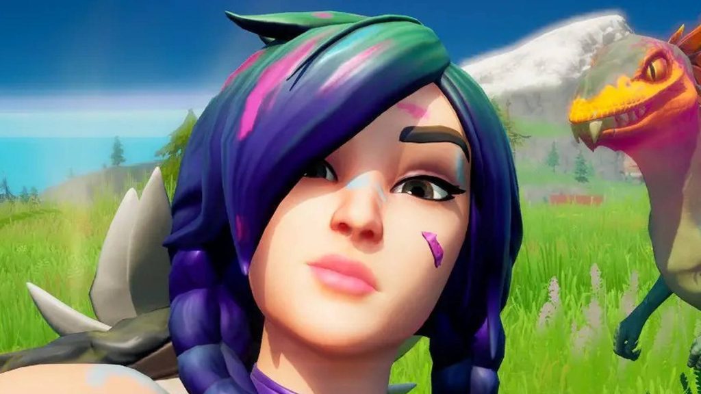 Fortnite female character with purple braids and colorful face paint selfie in sunny field with raptor Wallpaper