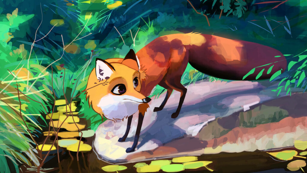 Vibrant Fox Vector Art in Lush Forest Wallpaper - Cute & Colorful