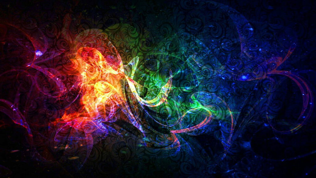 Vibrant fractal light streaks in red green and blue on dark intricate damask background wallpaper