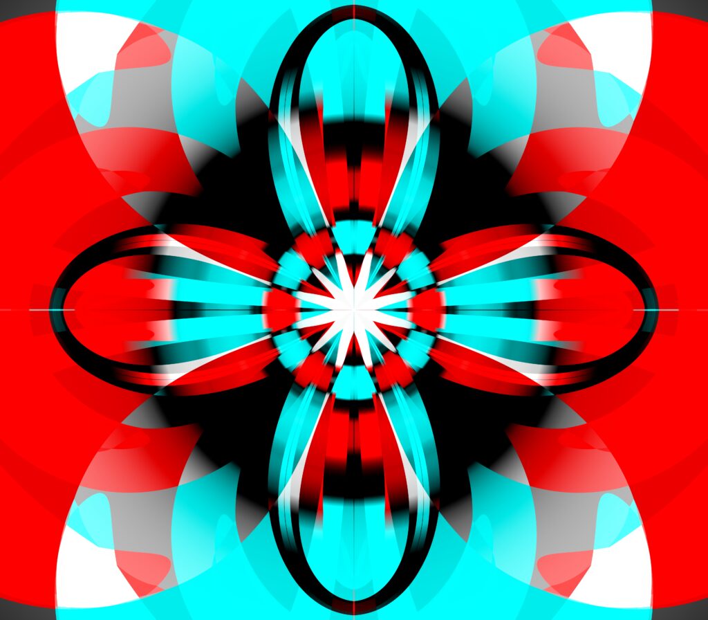 Vibrant Fractal Wallpaper: Blue, Red, and Black Kaleidoscopic Design