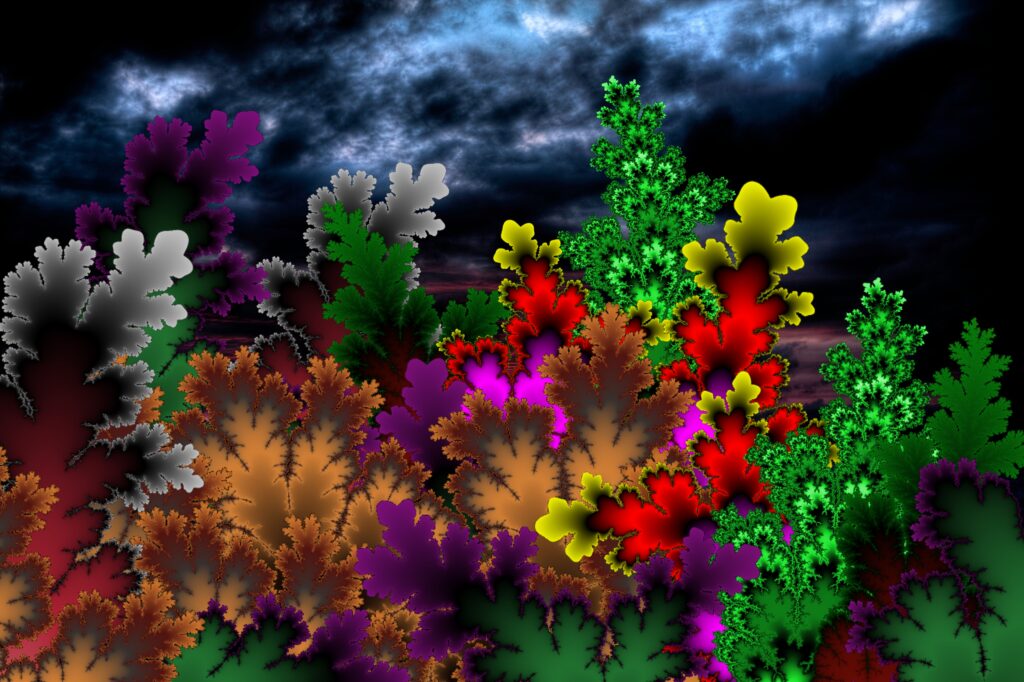 Vibrant Fractal Wallpaper with Colorful Foliage Against Dark Sky