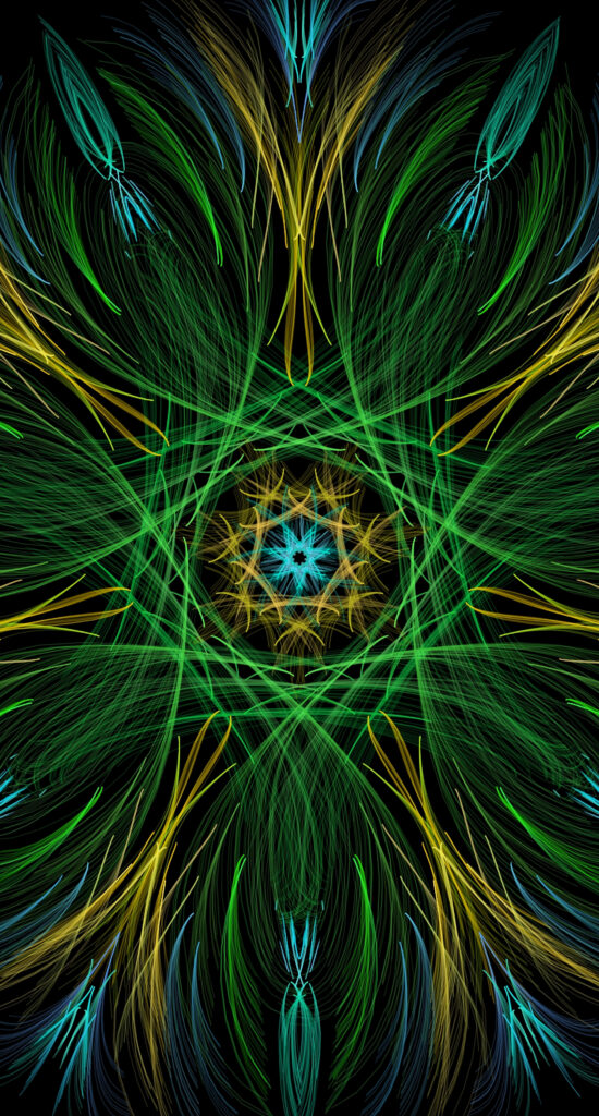Vibrant Fractal Wallpaper: Intricate Green, Blue & Yellow Design