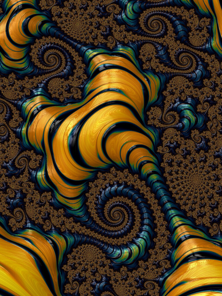 Vibrant Fractal Wallpaper: Twisting Shapes in Yellow, Blue, Green