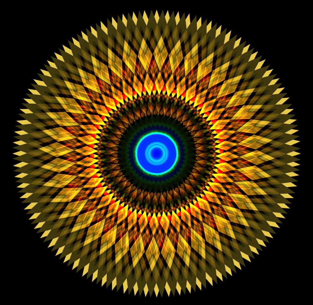 Vibrant Fractal Wallpaper with Blue Circle & Yellow Geometric Patterns