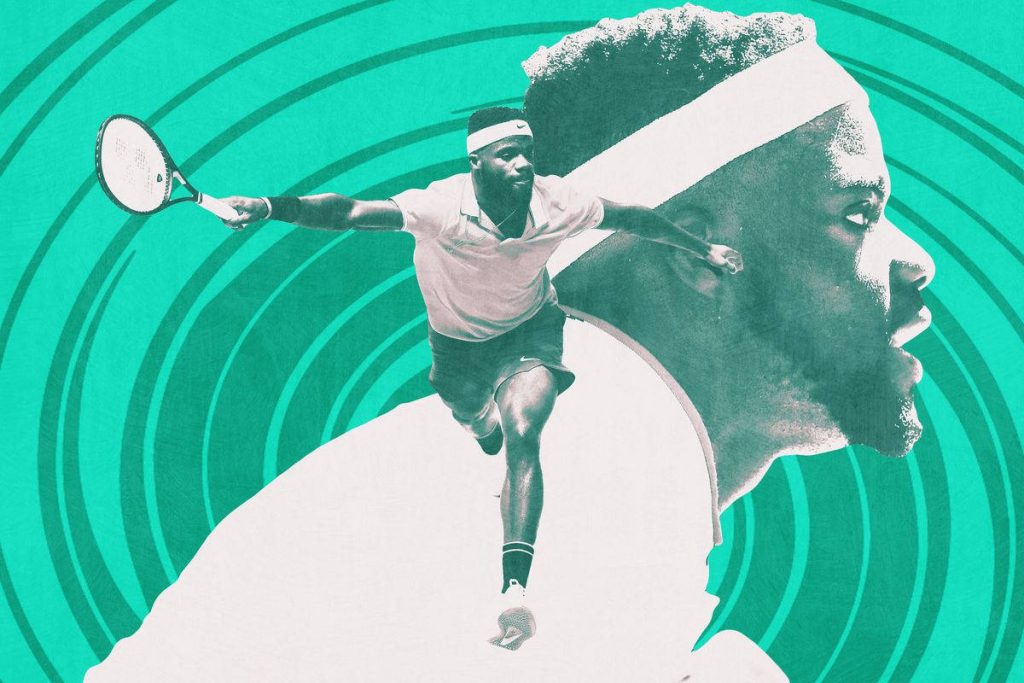 Frances Tiafoe tennis action wallpaper vibrant teal background dynamic forehand volley art
