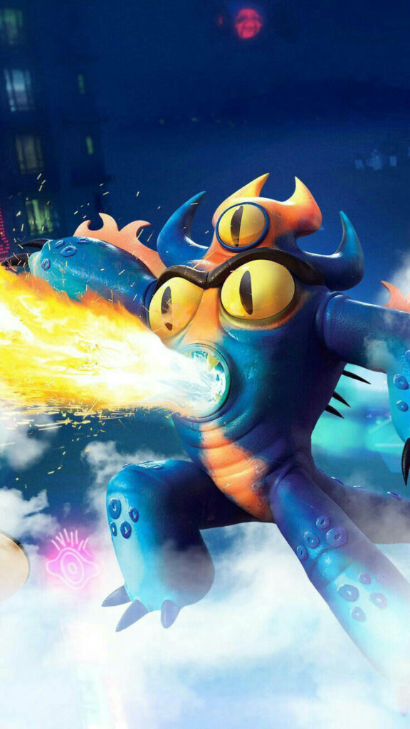 Vibrant Fredzilla Wallpaper: Dynamic Fire Pose in Cityscape