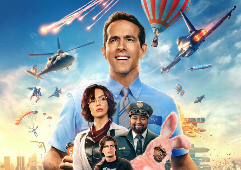 Vibrant Free Guy Poster Wallpaper: Adventure & Comedy Collage