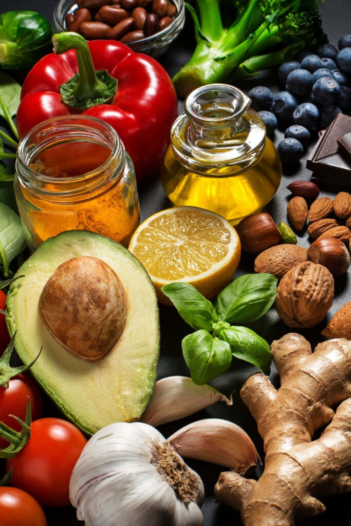 Vibrant Fresh Fruits & Veggies Wallpaper: Avocado, Lemon, Garlic & More