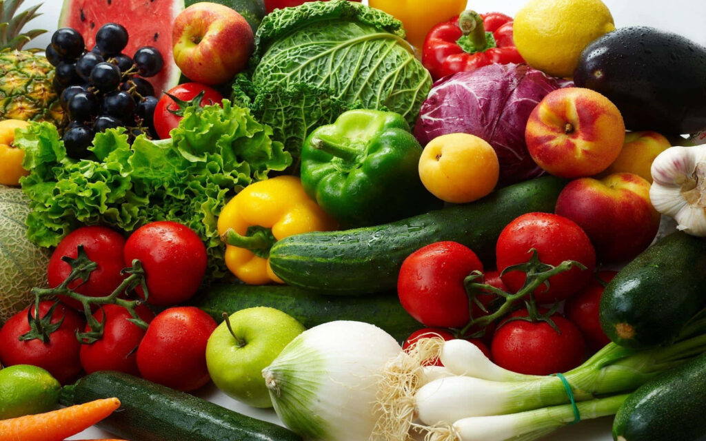 Colorful Fresh Fruits & Veggies Wallpaper: Healthy Natural Ingredients