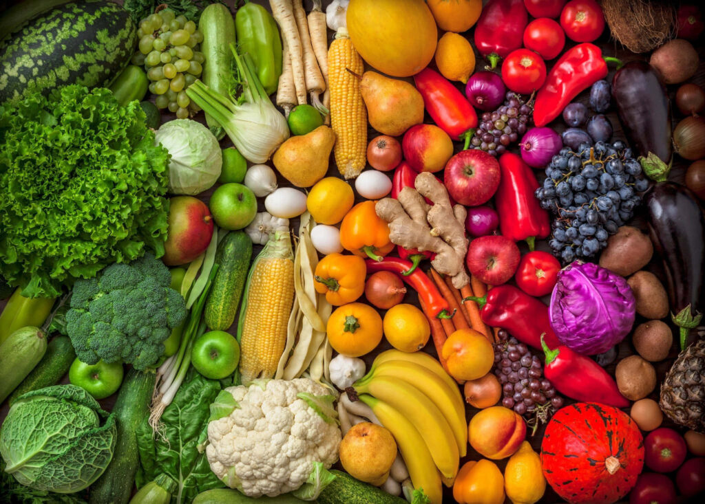 Colorful Fresh Fruits & Vegetables Wallpaper: Nature's Bounty