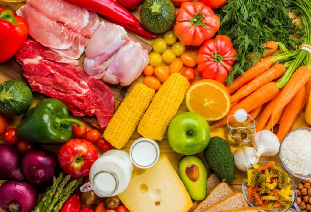 Vibrant Fresh Ingredients Wallpaper: Meats, Veggies, Fruits & Grains