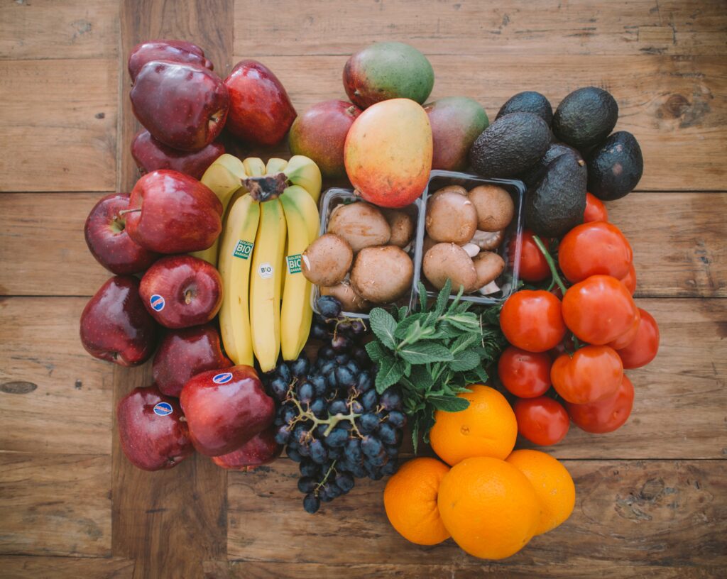 Fresh Produce Wallpaper: Colorful Fruits & Vegetables on Wood