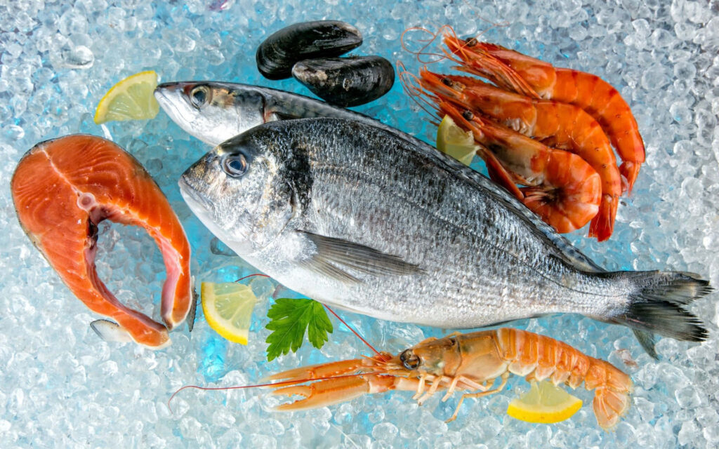 Vibrant Fresh Seafood Wallpaper: Fish, Shrimp, Mussels & Salmon