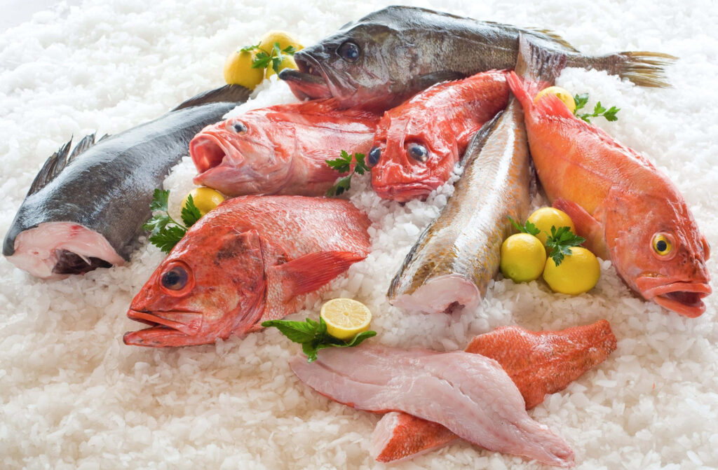 Vibrant Fresh Seafood on Ice: Colorful Wallpaper Background