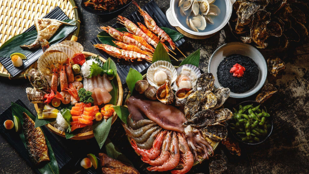 Artistic Seafood Wallpaper: Shrimp, Scallops, Oysters & Sushi Delight