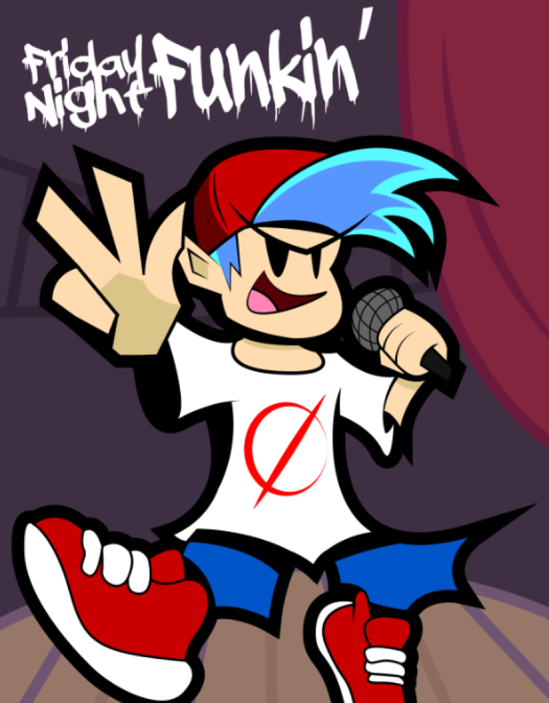 Friday Night Funkin Boyfriend blue hair singing on stage vibrant 2D cartoon wallpaper background