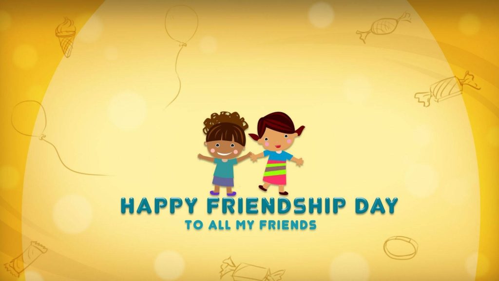 Two happy cartoon children holding hands on yellow Friends For Friendship Day wallpaper background