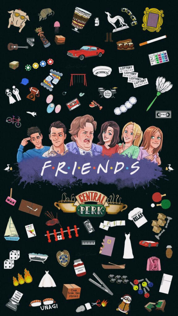 Colorful Friends TV Show Wallpaper with Iconic Stickers & Elements