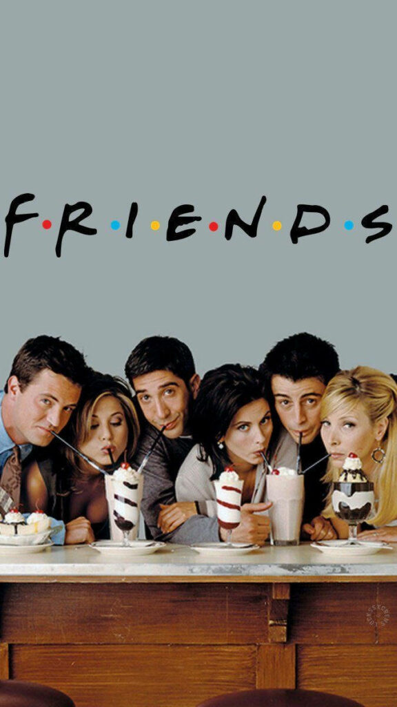 Fun Friends Wallpaper: Iconic Logo & Cast Enjoying Milkshakes