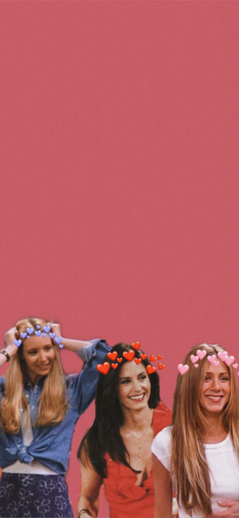 Friends Wallpaper: Phoebe, Monica & Rachel Smiling on Pink Background