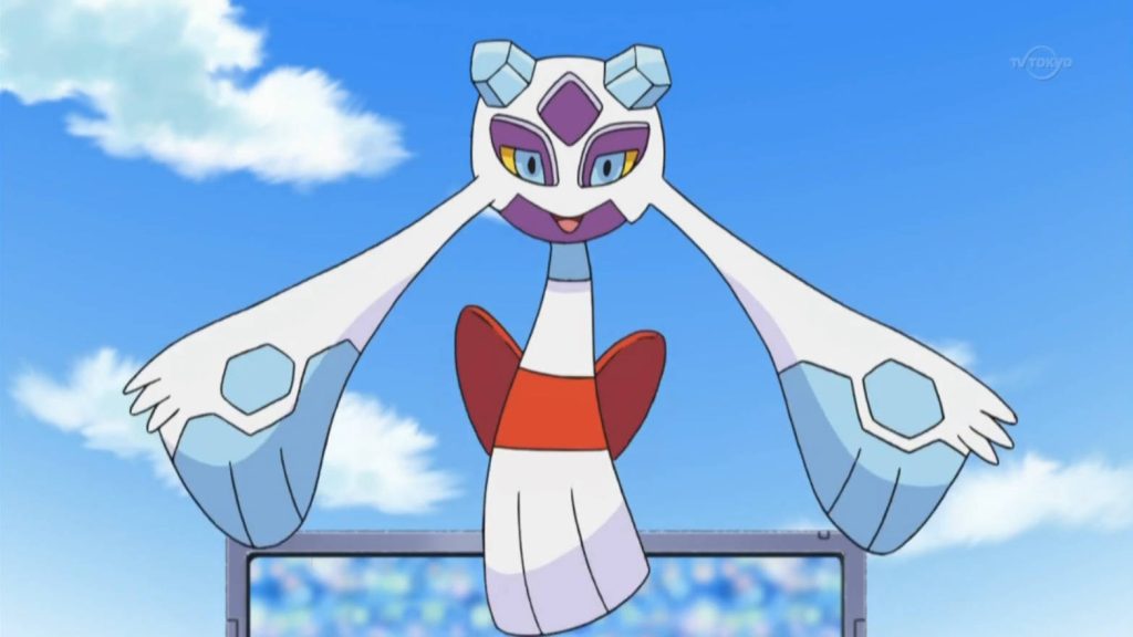 Vibrant Froslass Pokémon wallpaper in anime style with arms open wide on blue sky background