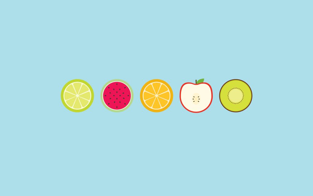 Five vibrant fruit slices lime watermelon orange apple kiwi on pastel blue minimalist wallpaper