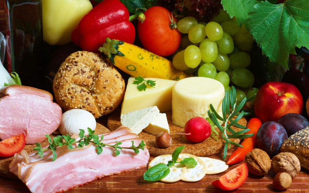 Vibrant Rustic Wallpaper with Fresh Fruits, Veggies, Cheeses & Meats
