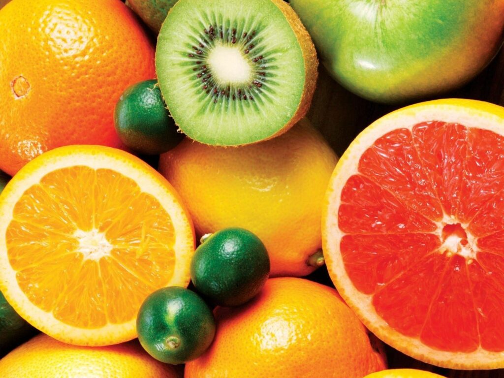 Colorful Fresh Fruits Wallpaper: Grapefruit, Kiwi, Oranges & Limes