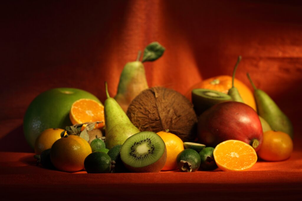 Vibrant Fresh Fruit Wallpaper: Kiwi, Pears, Oranges & Coconut